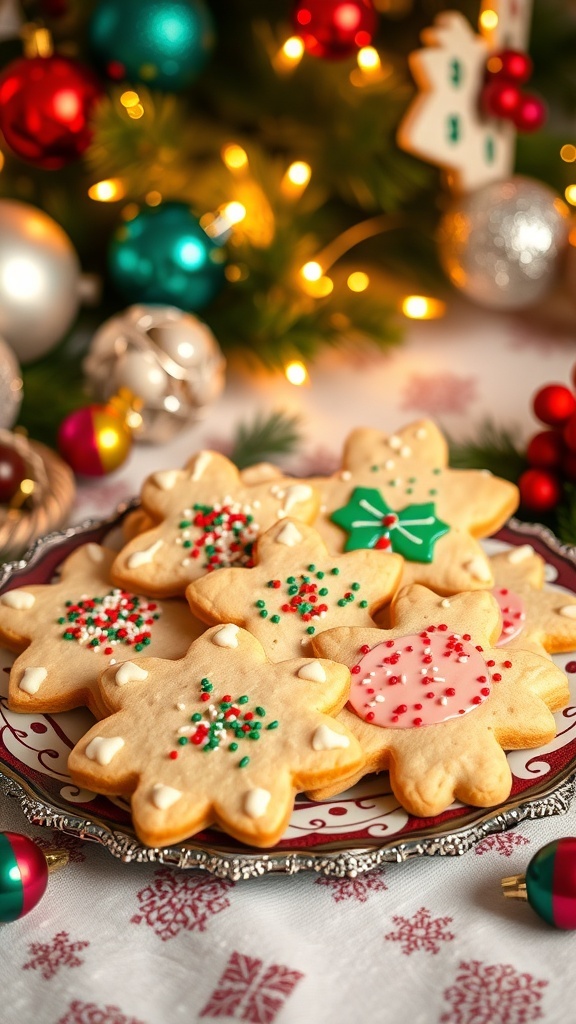 A plate of decorated Christmas cookies with icing and sprinkles, set against a festive holiday backdrop.